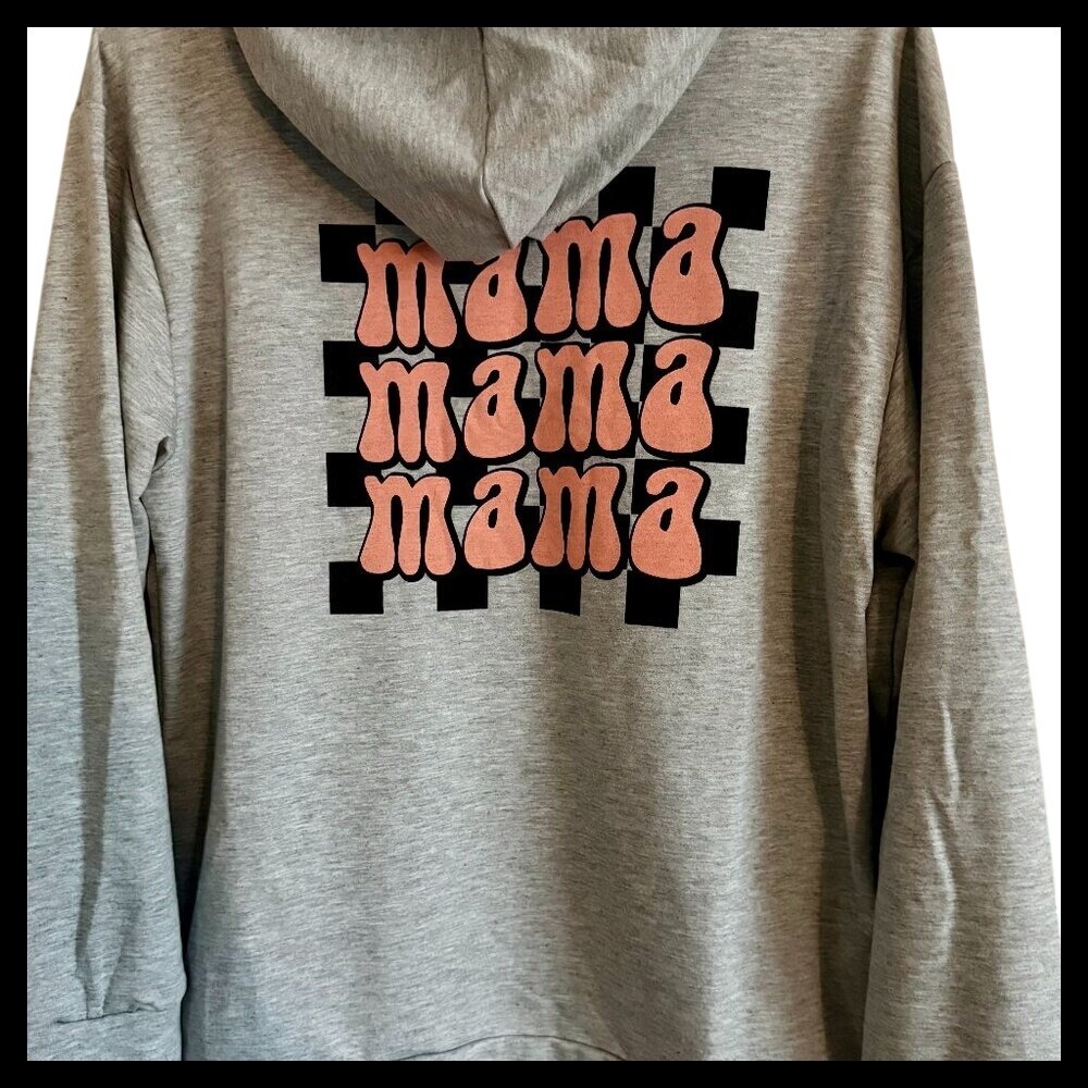 NWOT Mama Hoodie Sweatshirt Gray Checkerboard Print Pullover Medium